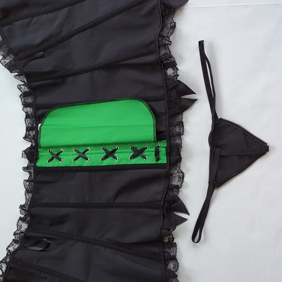 Strapless Lace Ruffle Lace Up Corset With Panty Lingerie Plus 4XL Green Black - Picture 13 of 16